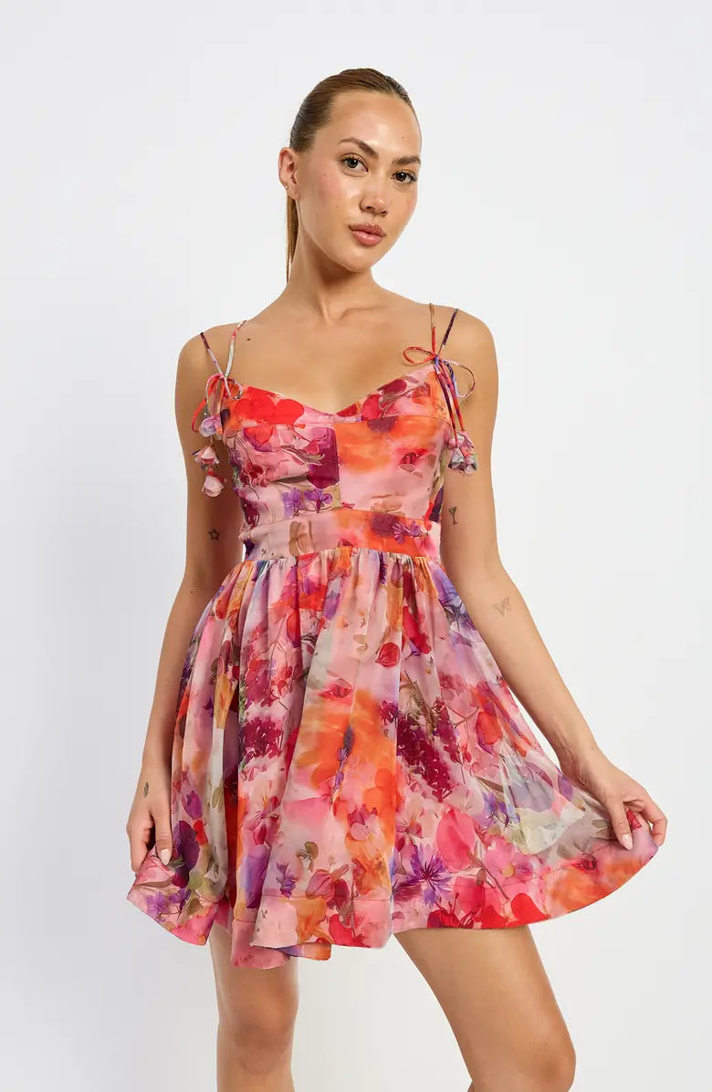 RED FLORAL TIE STRAP MINI DRESS