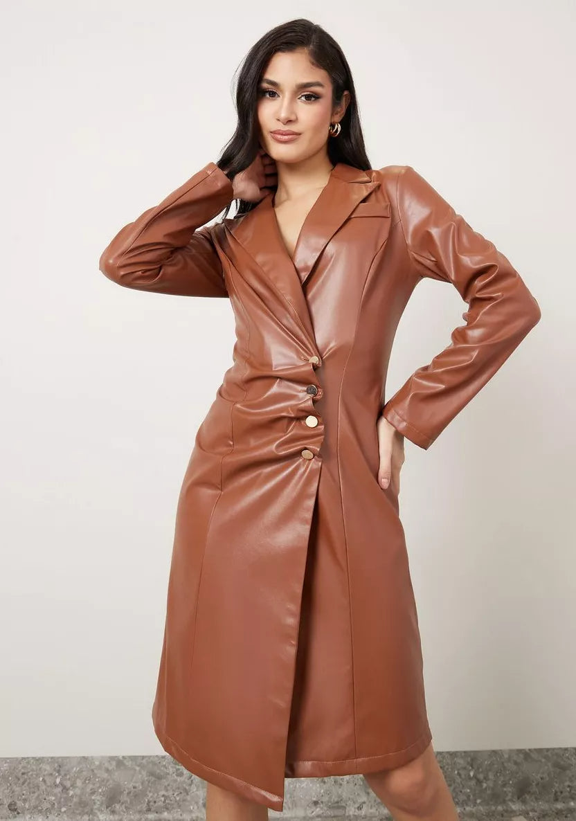 NOTCH LAPEL LEATHER BLAZER DRESS BROWN