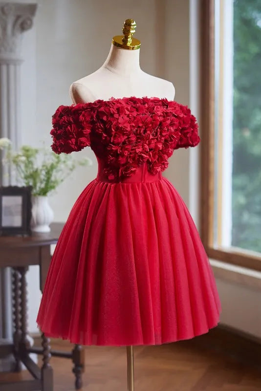 CAROLINE RED 3D APPLIQUES MINI PROM DRESS