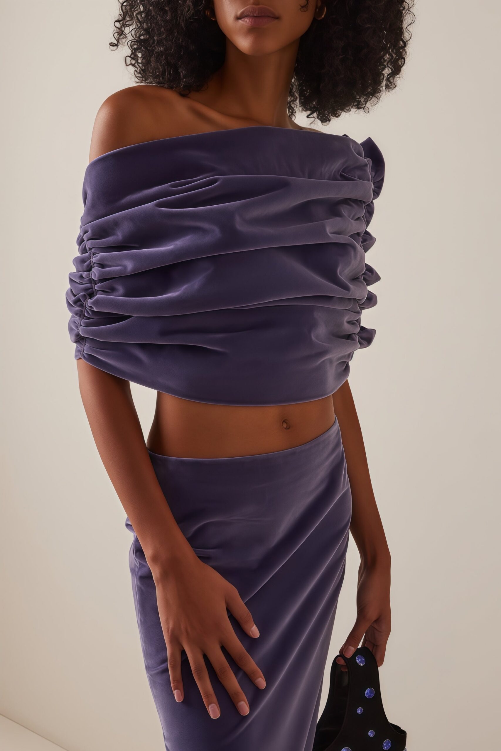PURPLE VELVET ASYMMETRICAL CROPPED TWO-PIECE SET