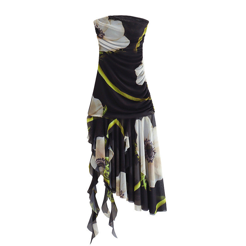 STRAPLESS PRINTED TULLE MIDI DRESS FOR WEDDING GUEST