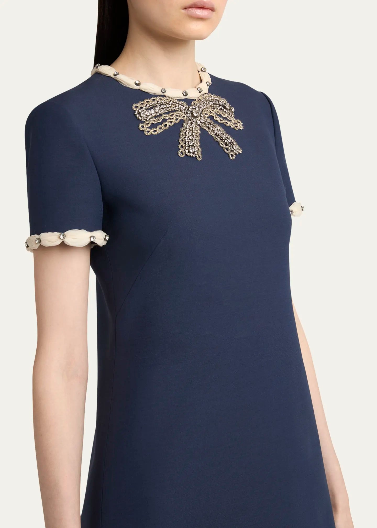 NAVY RHINESTONE EMBROIDERED CREPE MINI DRESS