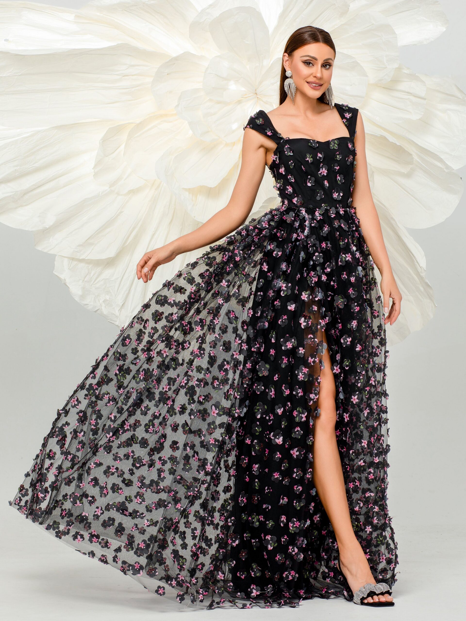 FLORAL TULLE DRESS WITH APPLIQUED PINK CAMISOLE