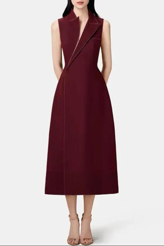a52630a0-d1e9-4e89-abe6-f632da10fb3c ASYMMETRIC COLLAR RED MIDI BLAZER DRESS