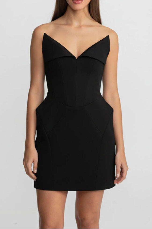 LAURA FOLDED COLLAR CORSET MINI DRESS BLACK