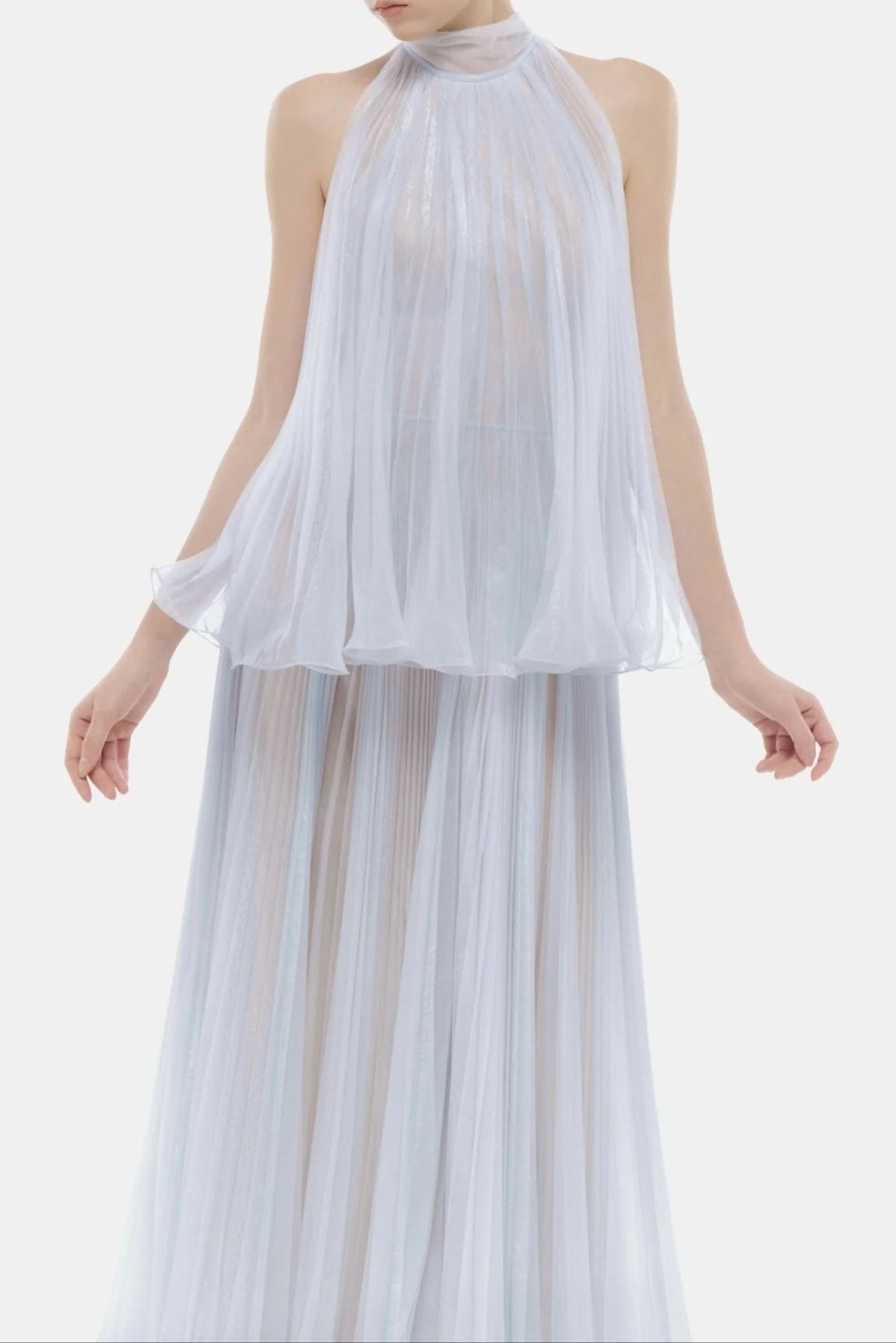 BELINDA VIOLET PLEATED TULLE SLEEVELESS MAXI DRESS