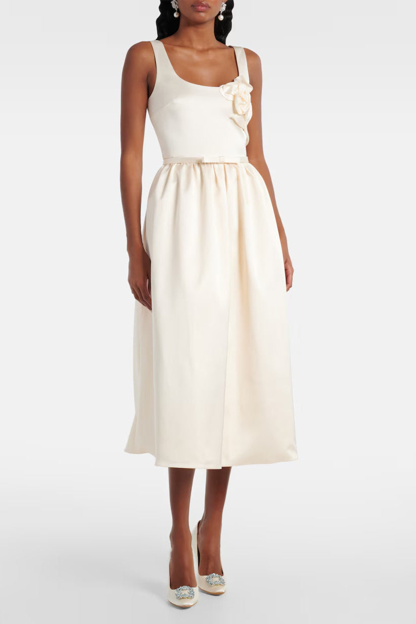a53c8e09-8892-4672-afe1-ee2dd8a0f1ad POLLY FLORAL APPLIQUÉ SATIN MIDI DRESS IVORY WEDDING GUEST
