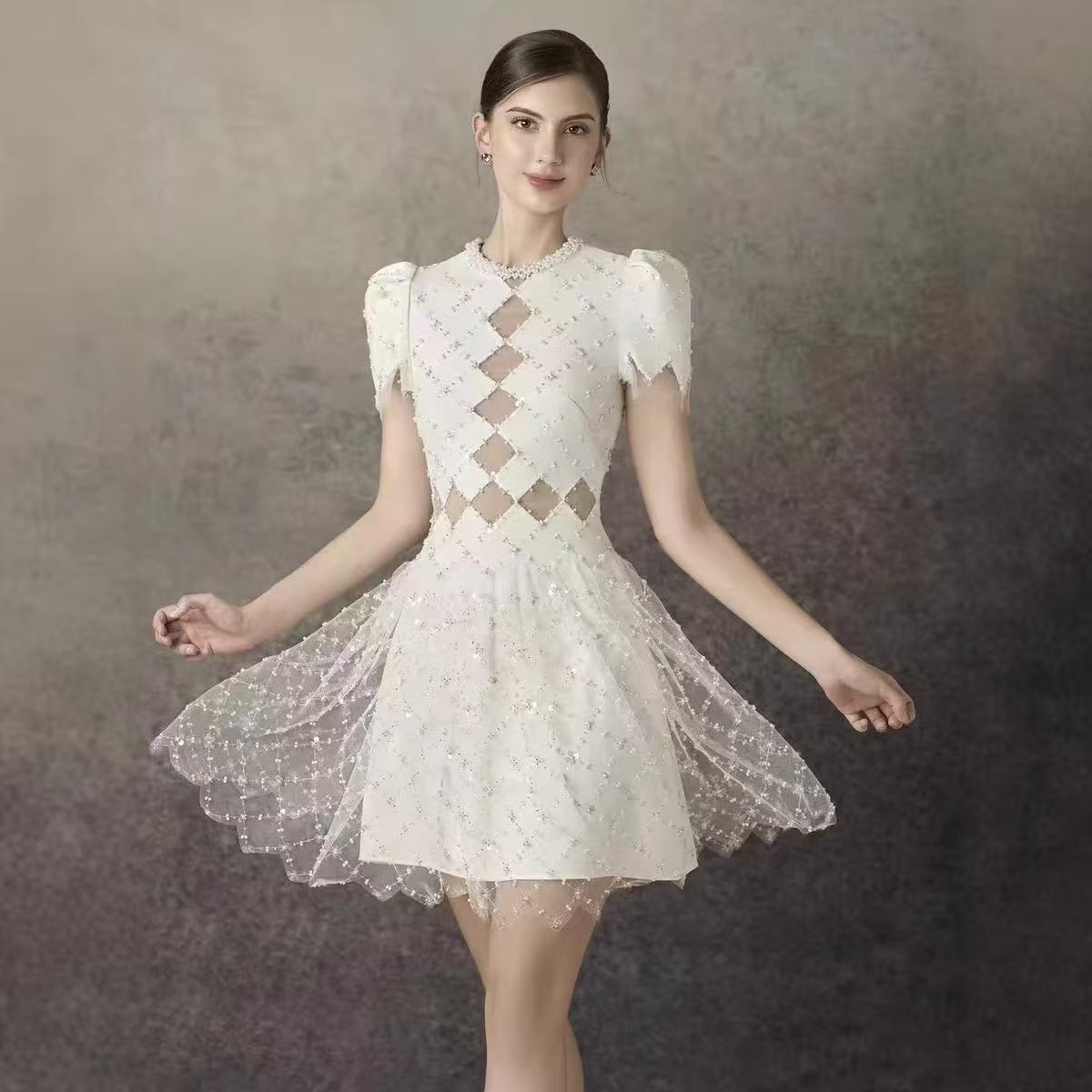 HENRIETTA IVORY SEQUIN MINI DRESS MESH PANEL