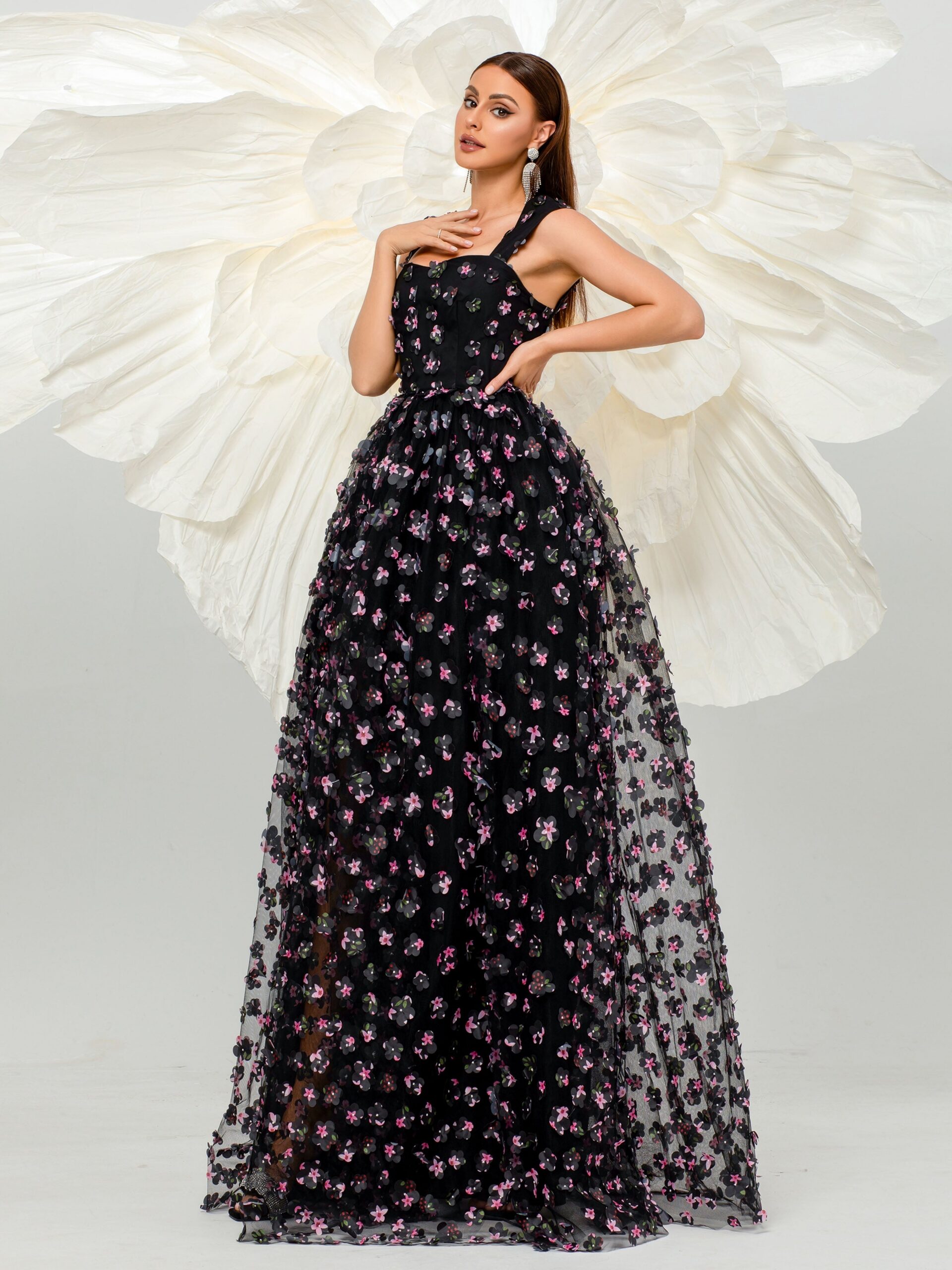 FLORAL TULLE DRESS WITH APPLIQUED PINK CAMISOLE