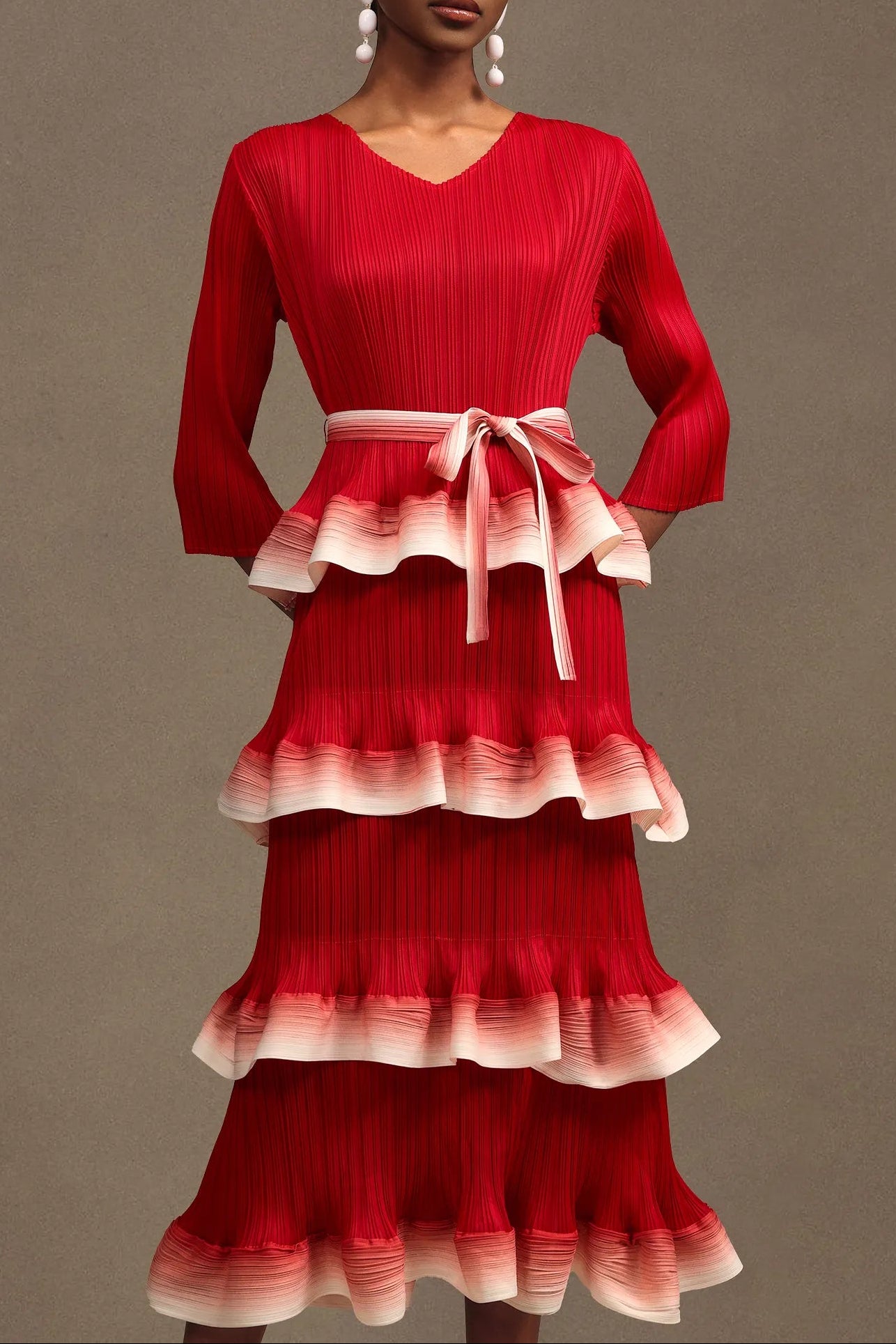 VICTORIA RED FALBALA PLEATED MAXI DRESS