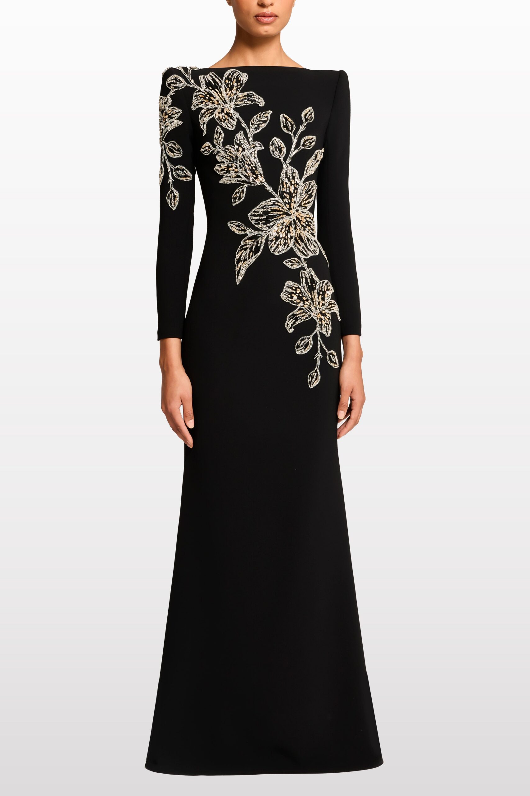 RHINESTONE ORCHID MAXI DRESS, BLACK, FORMAL