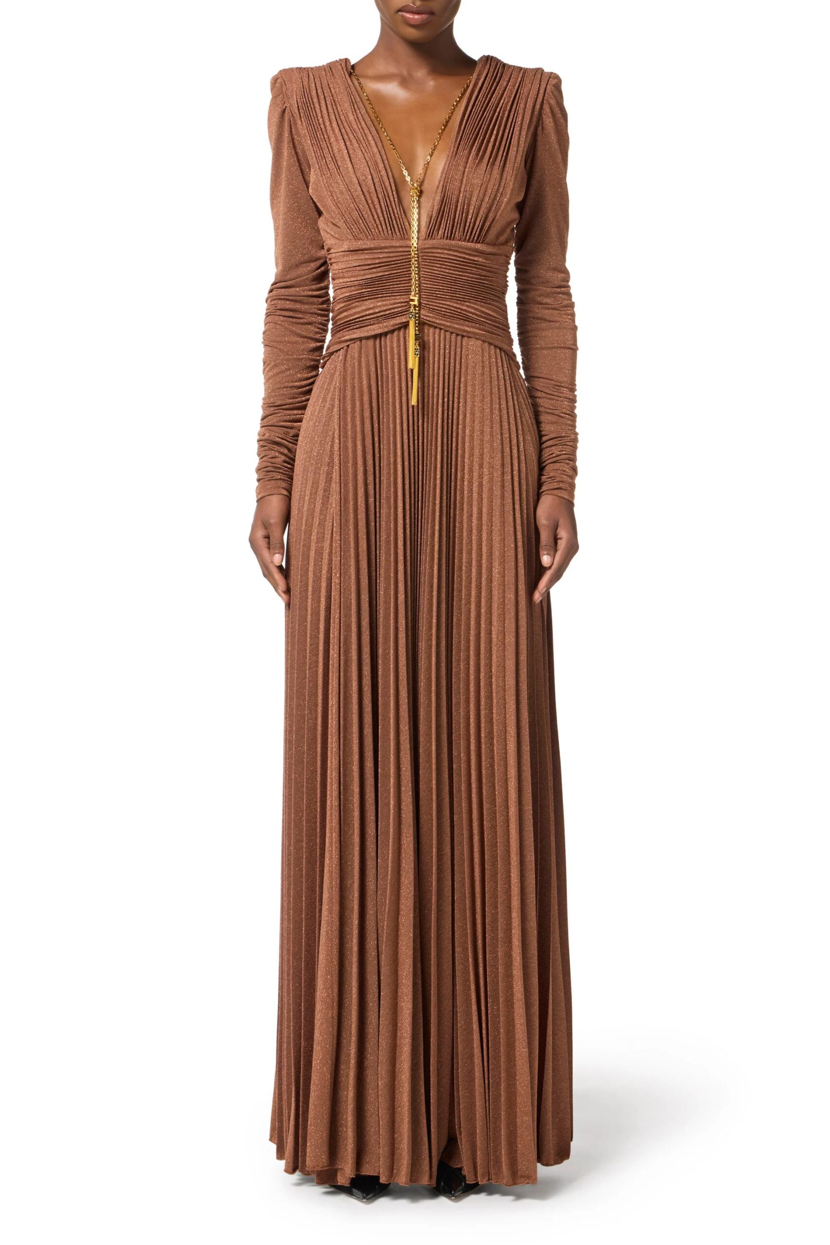 MEROY BROWN DEEP V PUFF SLEEVE PLEATED MAXI DRESS