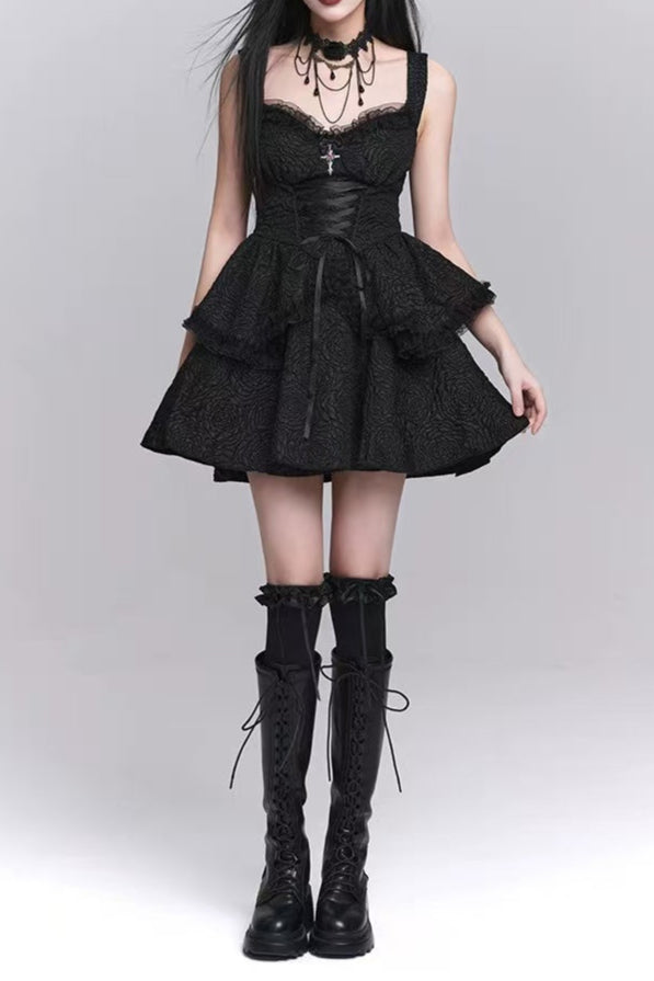 a62113c672d02e1d5596cfac94eac821 BLACK TEXTURED SUSPENDER MINI DRESS FOR PARTY