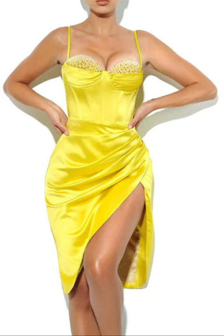 LEMON PLEATED SATIN MINI DRESS FOR PARTIES