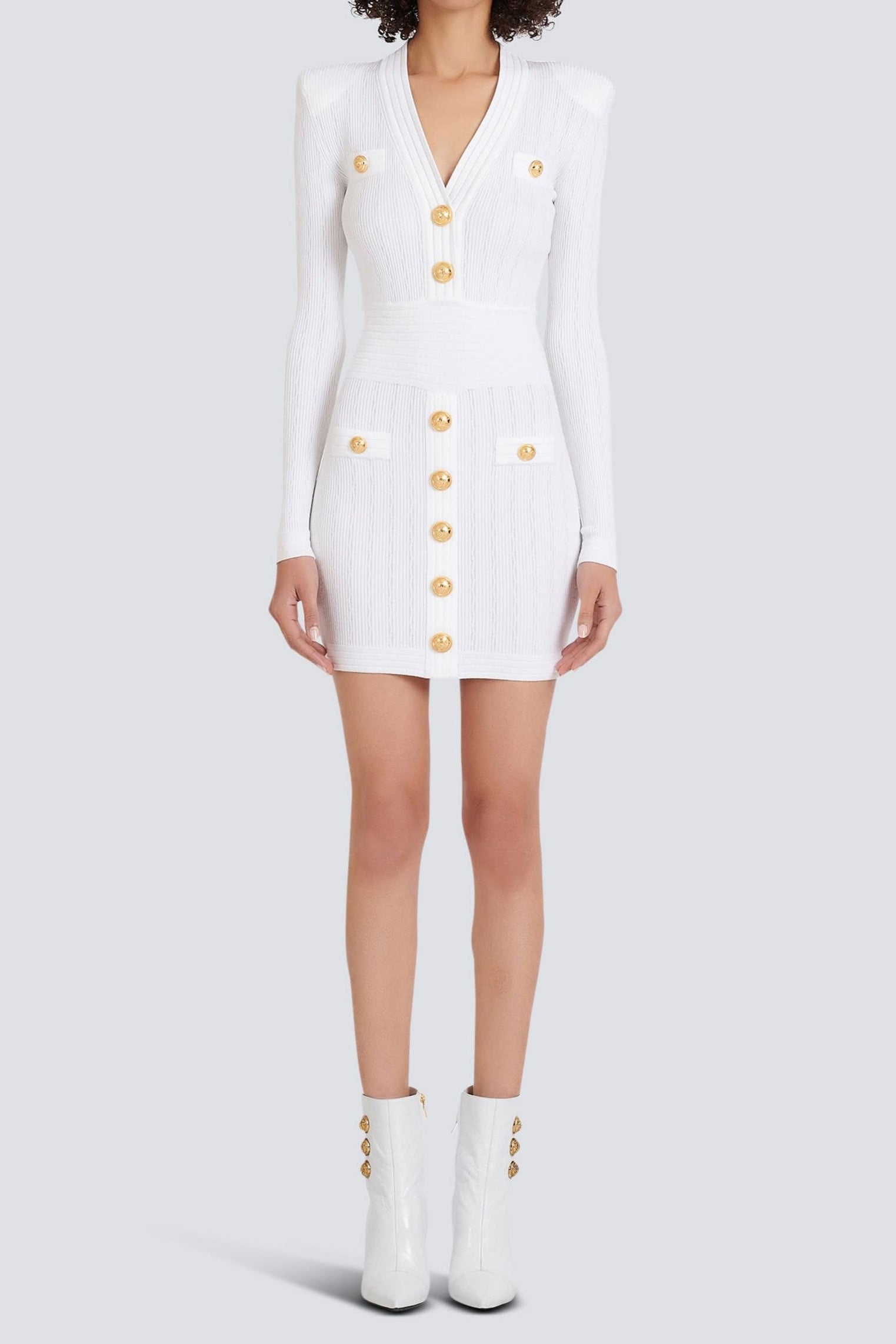 a641f971-0a0a-40d8-90a0-f01385d8a9c8 VICKY V-NECK MINI DRESS - WHITE RIBBED, BUTTON DETAIL