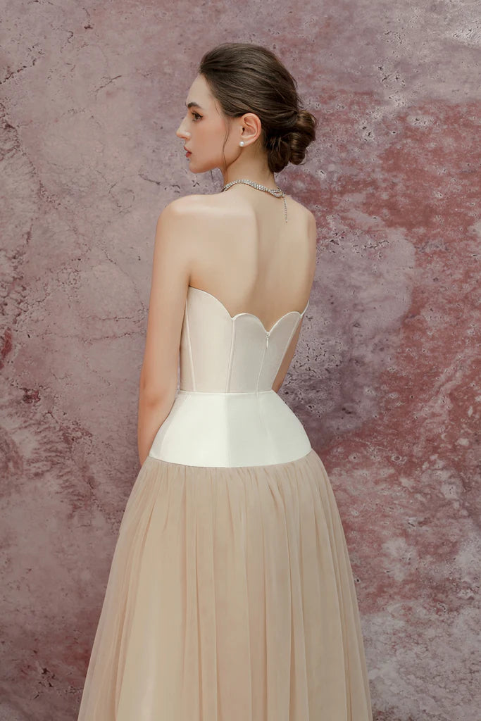 TWO-TONE TUBE TOP TULLE MIDI DRESS