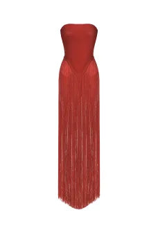 HELEN FRINGE STRAPLESS RED MINI DRESS