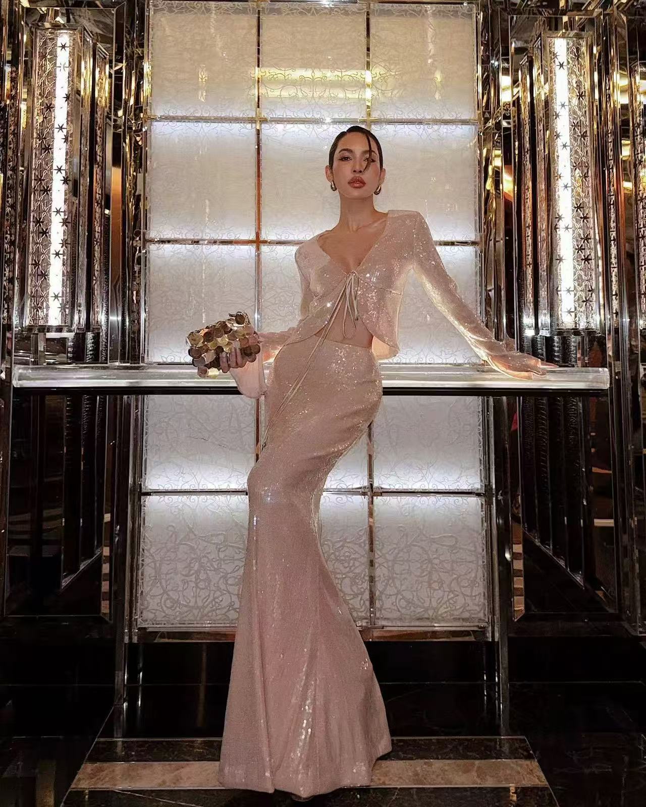 GLITTER SEQUIN TWO PIECE SET - NUDE COORD FOR PARTY