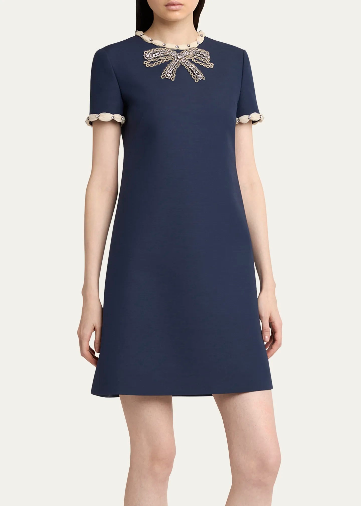 NAVY RHINESTONE EMBROIDERED CREPE MINI DRESS