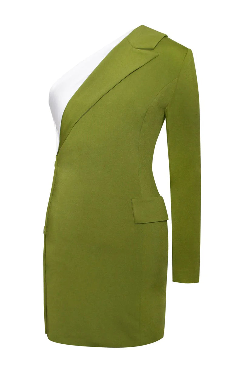 ONE-SLEEVE OLIVE BLAZER MINI DRESS FOR PARTY