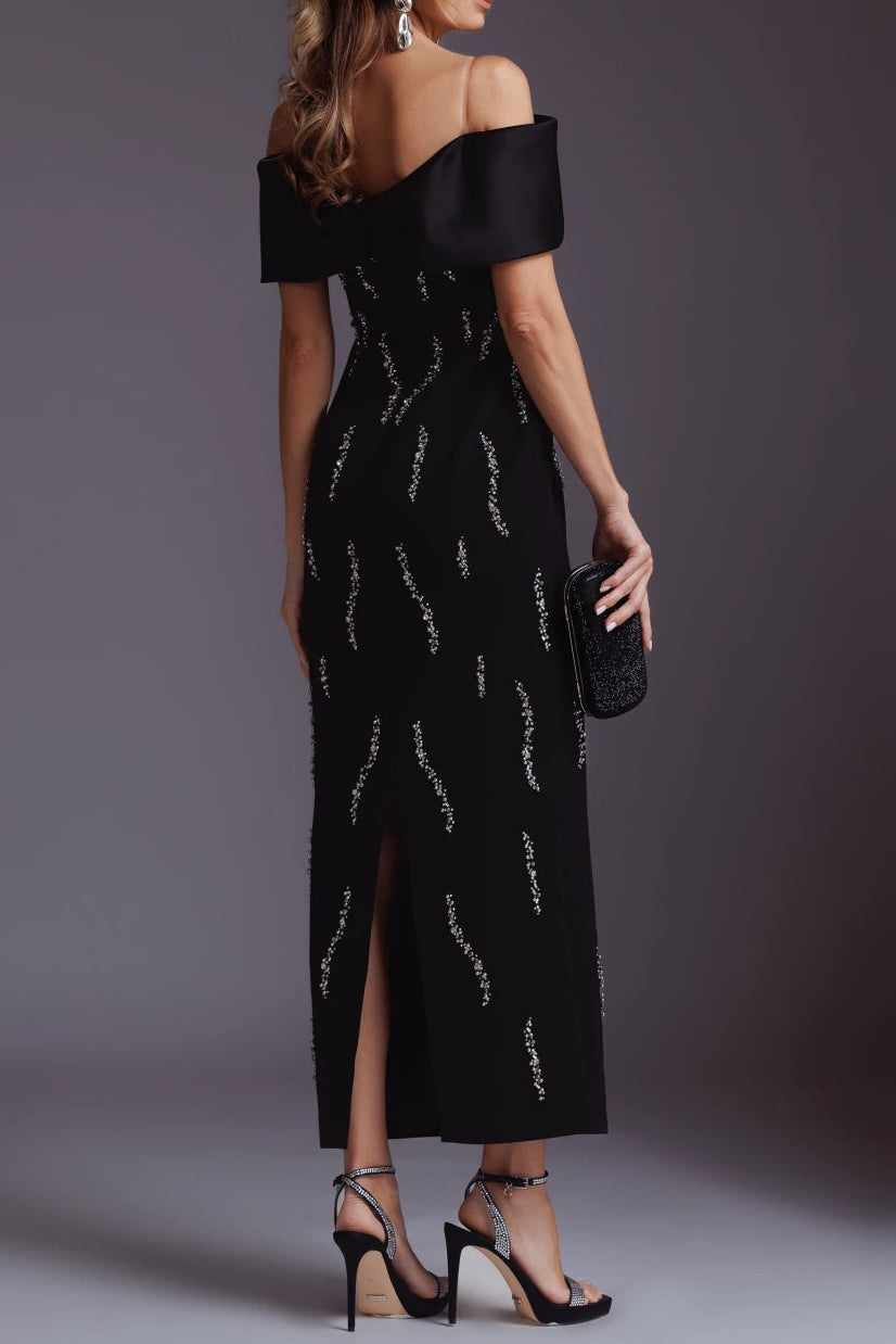 LAUREL OFF-SHOULDER RHINESTONE MAXI DRESS BLACK