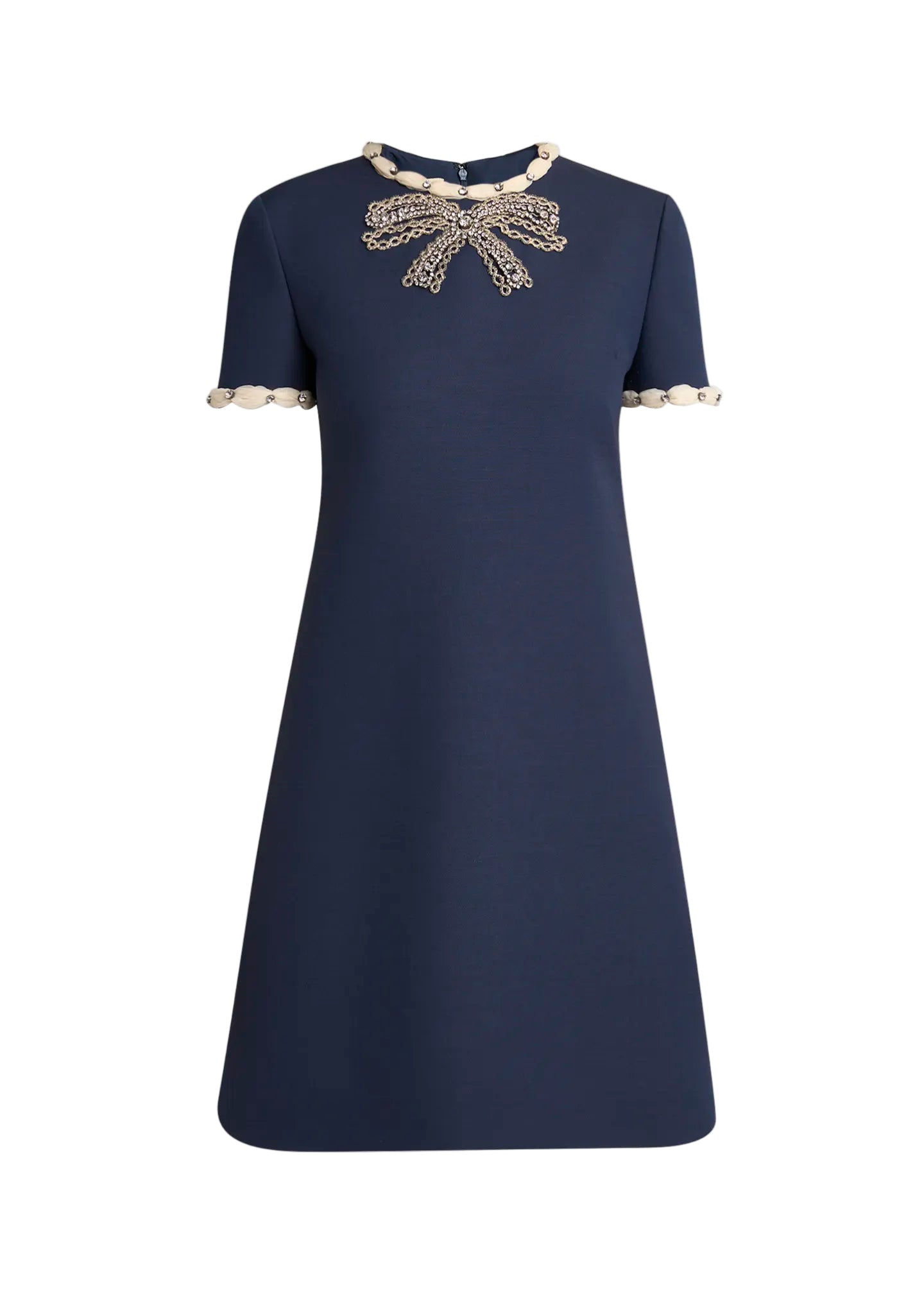 NAVY RHINESTONE EMBROIDERED CREPE MINI DRESS