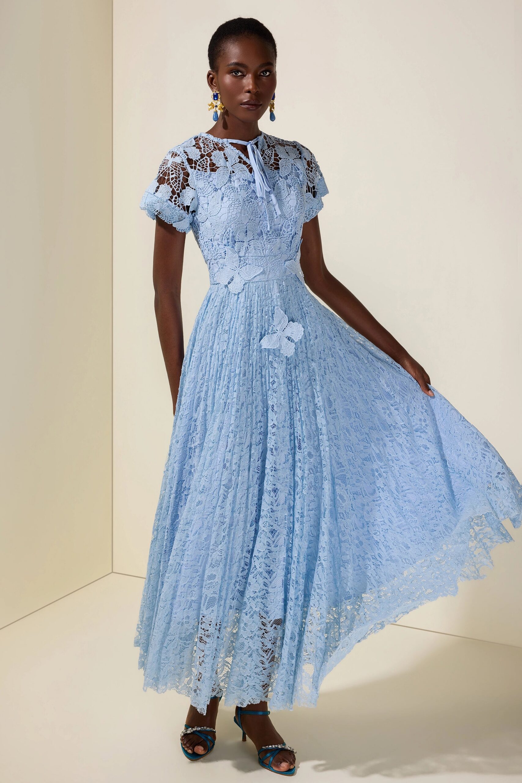 SELENA LACE MIDI DRESS - BLUE BUTTERFLY PLEATS
