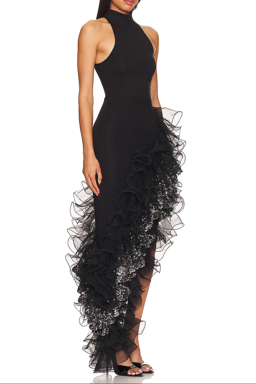 HALTER SEQUIN RUFFLE MAXI DRESS, BLACK, PROM