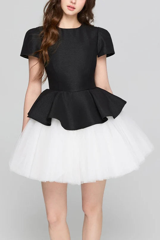 TWO-TONE VELVET PUFFY RUFFLE MINI DRESS