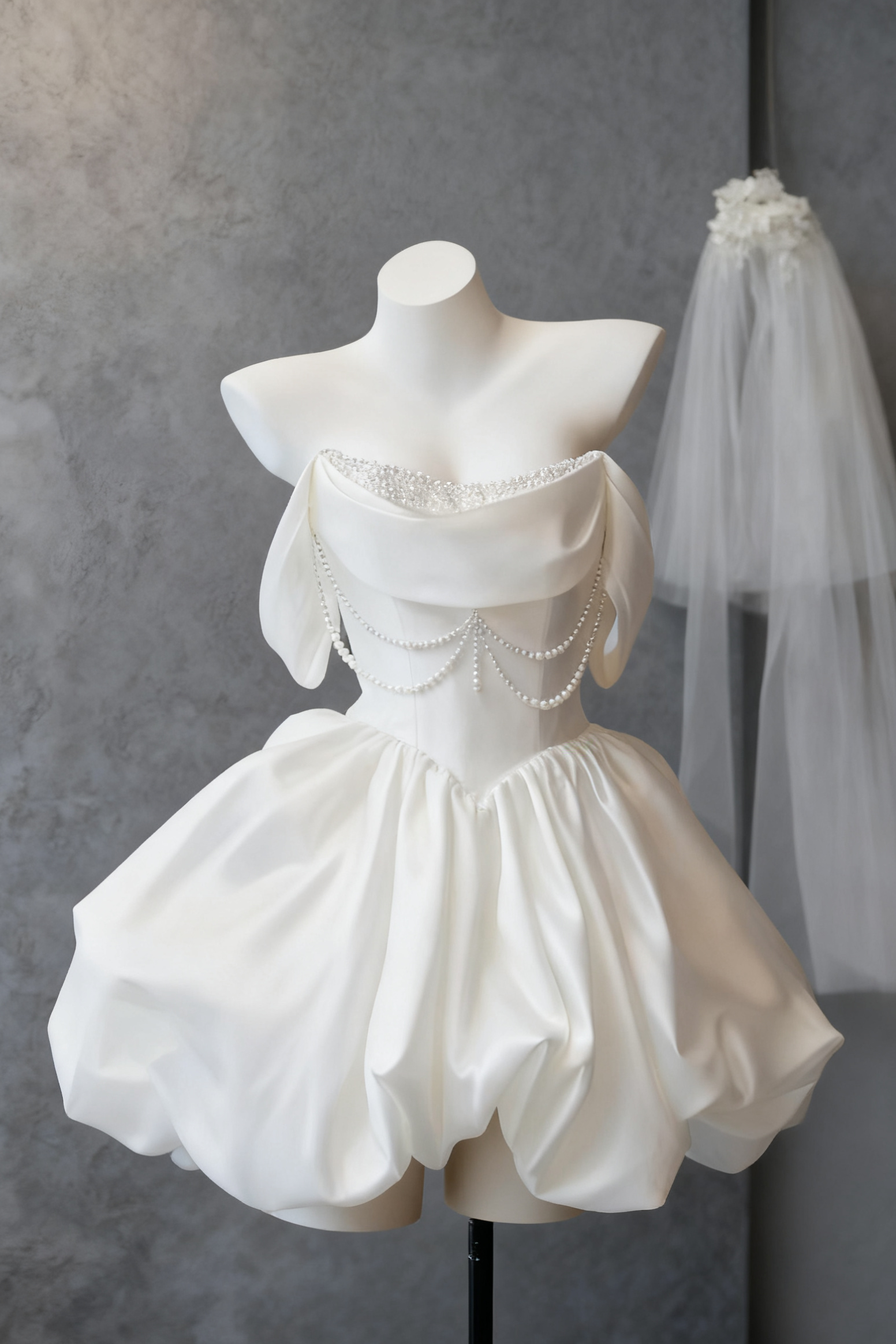 WHITE SATIN BEADED OFF-SHOULDER MINI DRESS
