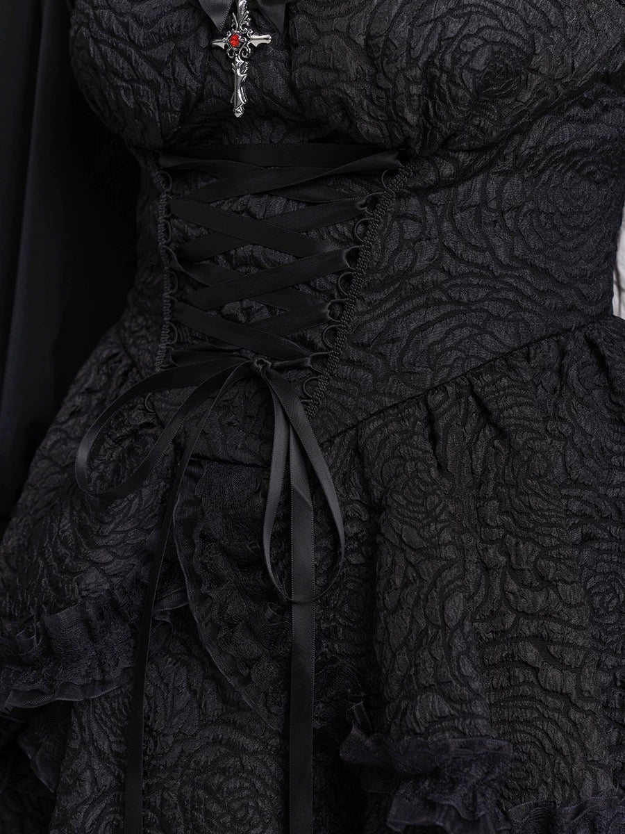BLACK TEXTURED SUSPENDER MINI DRESS FOR PARTY