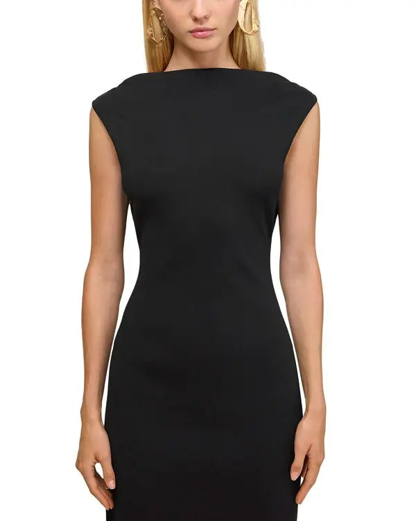 BLACK SLEEVELESS BACKLESS MIDI DRESS, GOLD PLEATED EMBELLISHMENTS