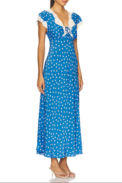 POLKA DOT LACE V-NECK MAXI DRESS IN BLUE