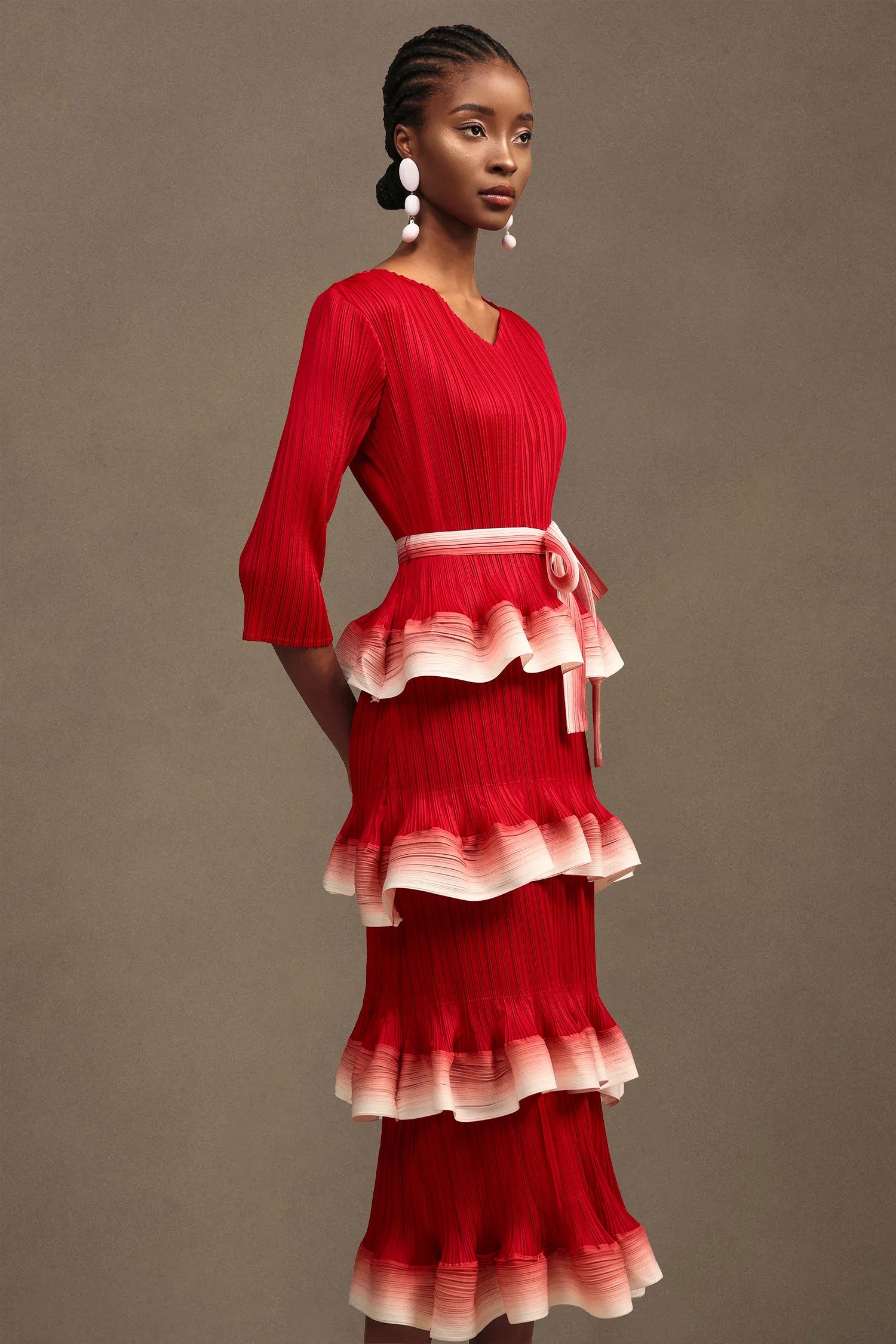 VICTORIA RED FALBALA PLEATED MAXI DRESS