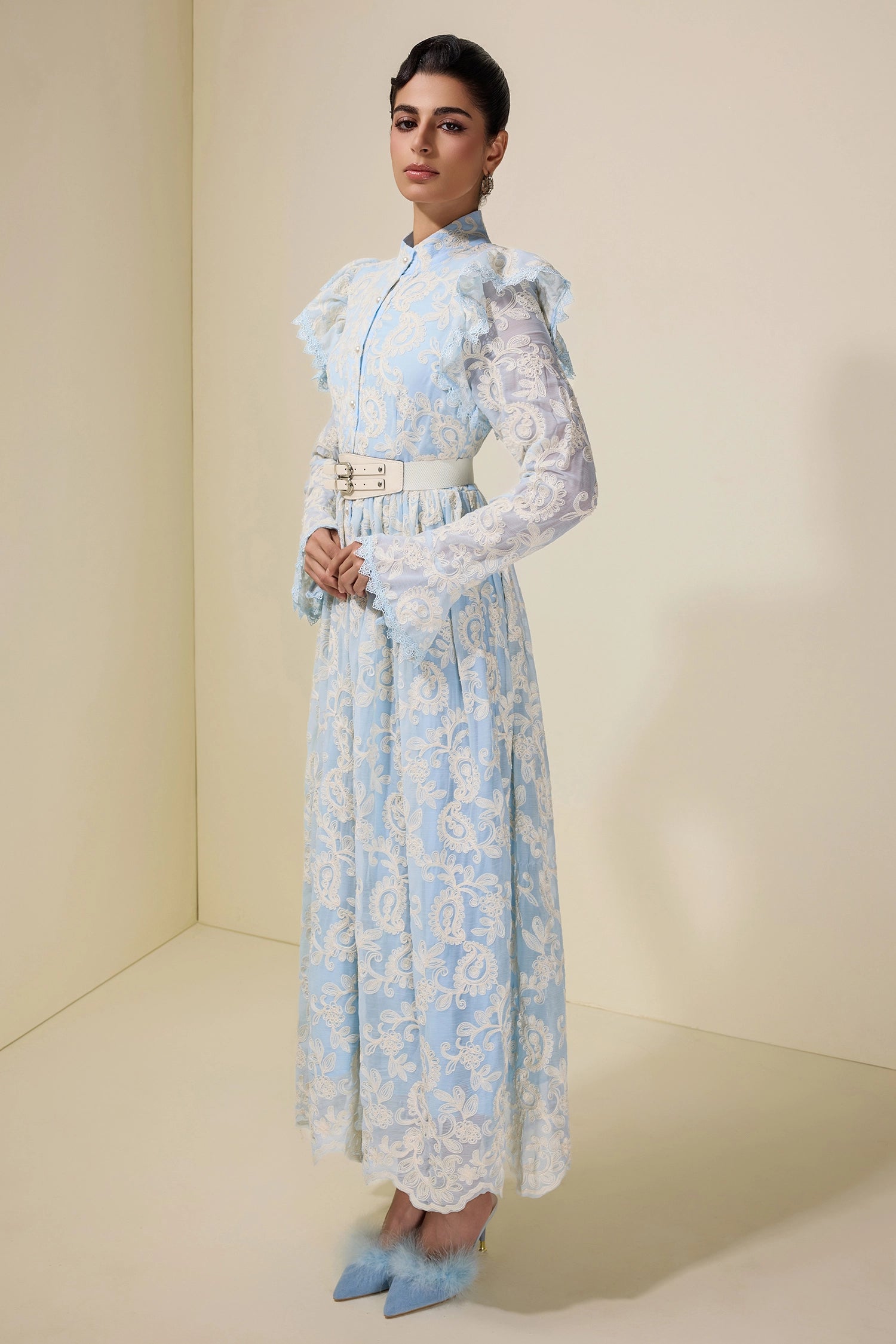 ALMA EMBROIDERED MIDI DRESS WITH BELT - BLUE