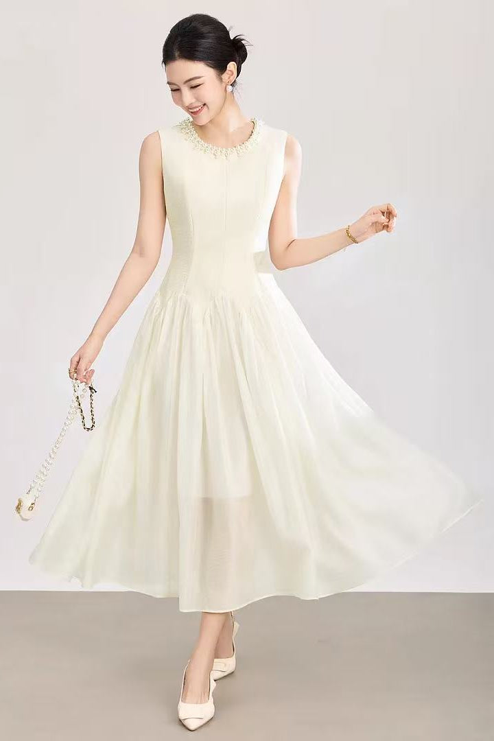 SLEEVELESS IVOIRE MIDI DRESS, TULLE SKIRT, PEARL COLLAR