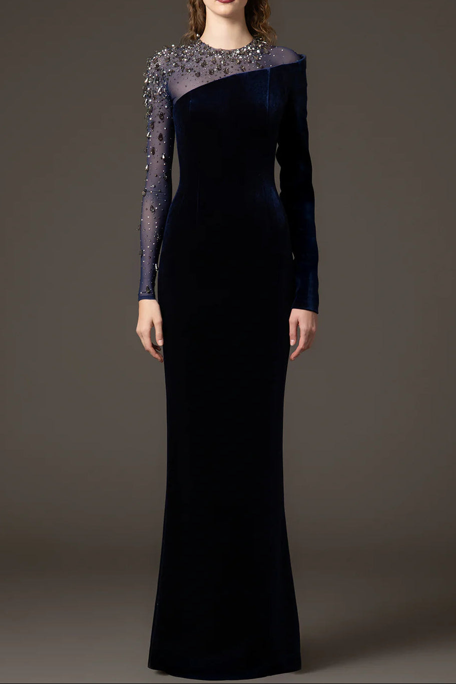 RIVA CRYSTAL VELVET COLUMN MAXI DRESS, DARK BLUE