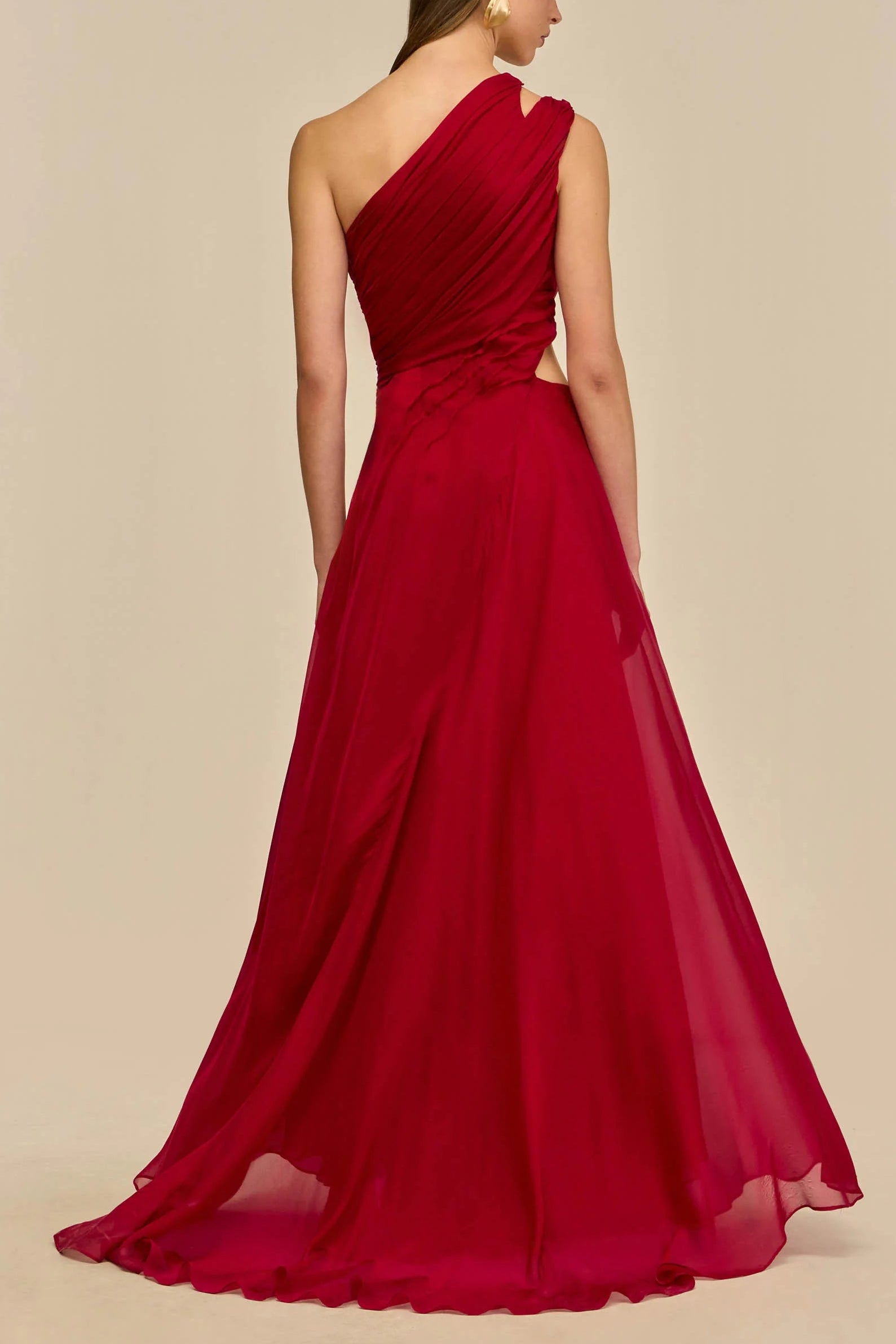 AGATHA ONE-SHOULDER RED SILK GOWN, HIGH SLIT