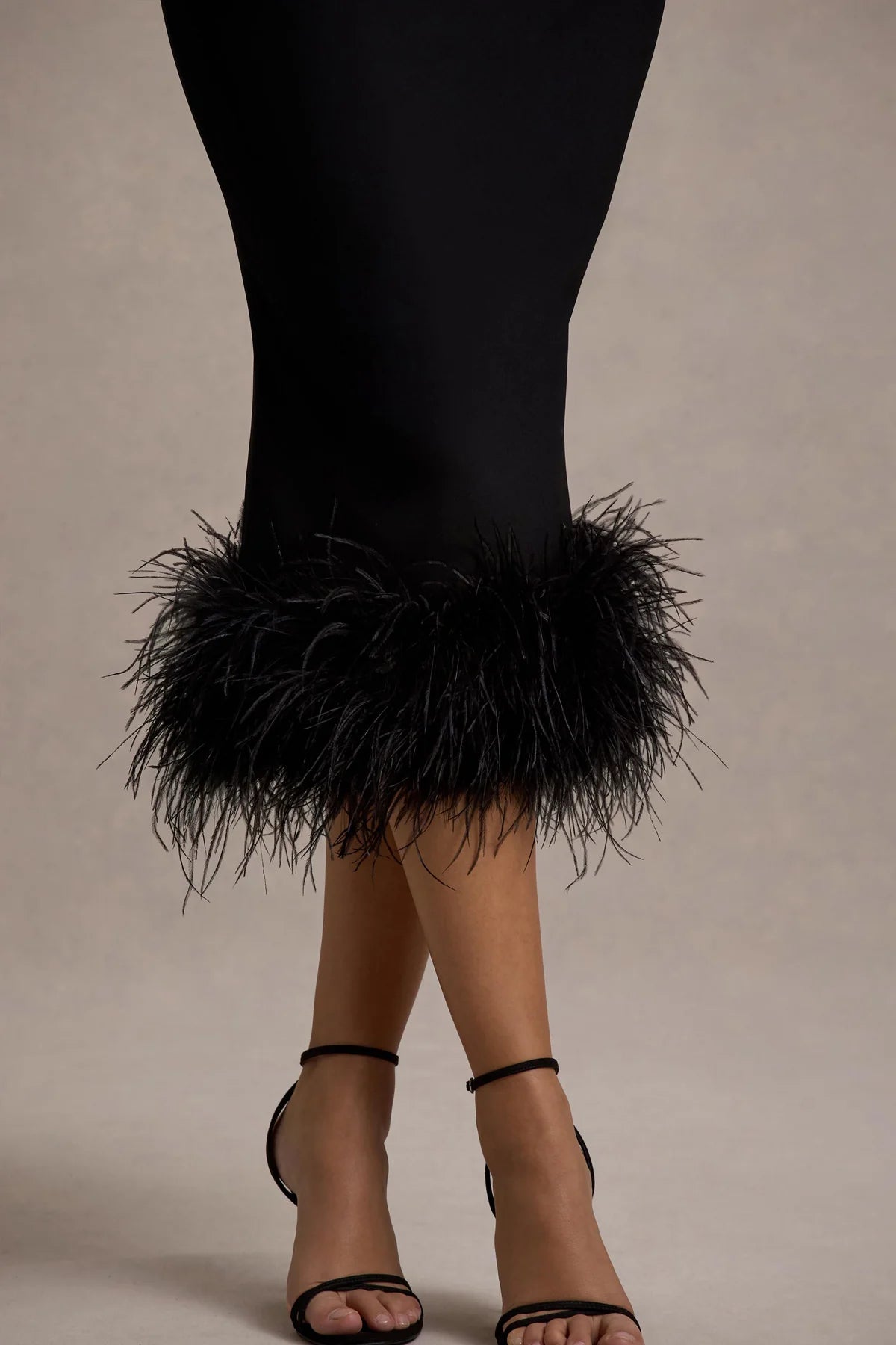 JENNY BLACK FEATHER HEM MIDI DRESS, TWIST NECK PARTY