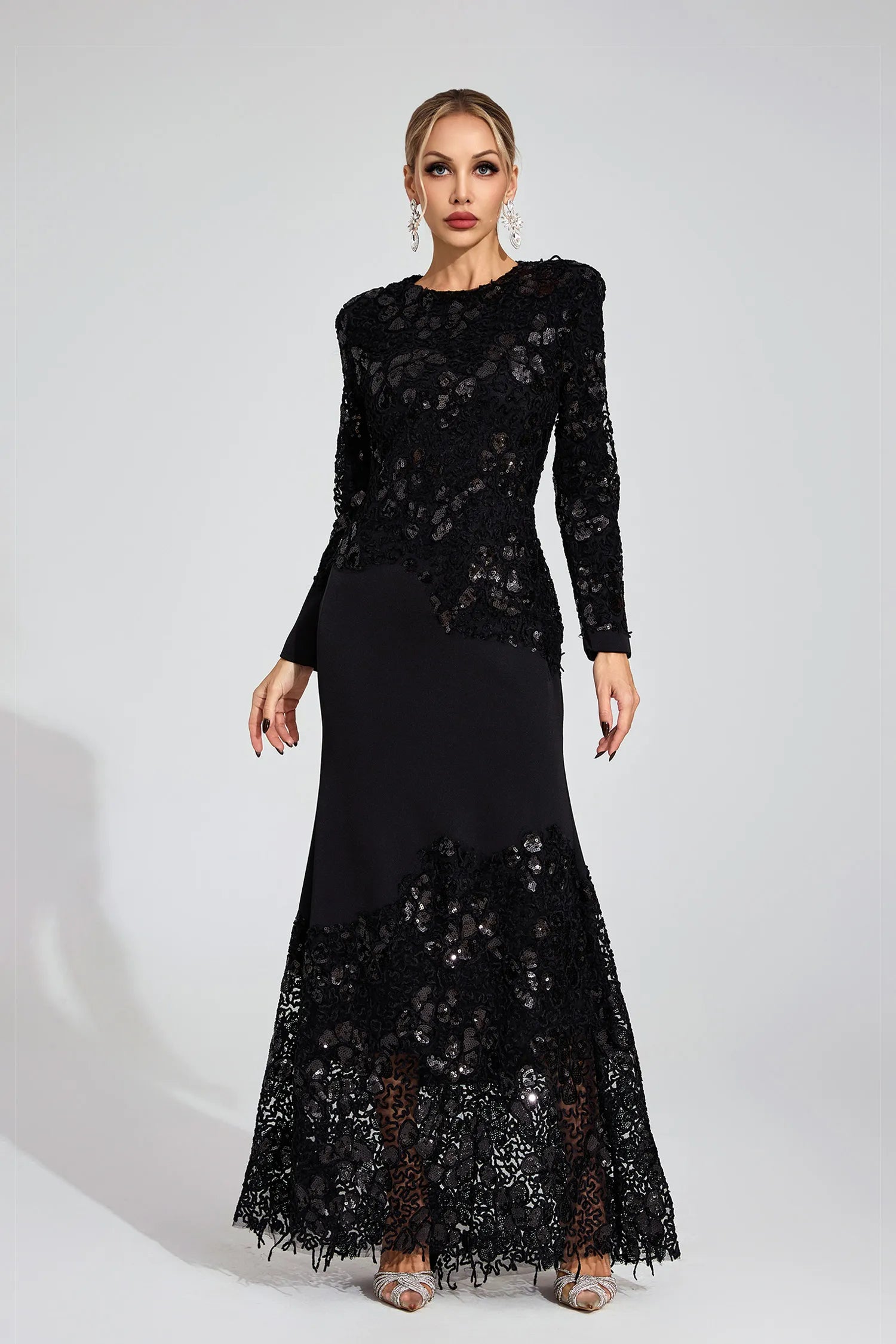 JOANNA BLACK EMBROIDERED MAXI DRESS LONG SLEEVE