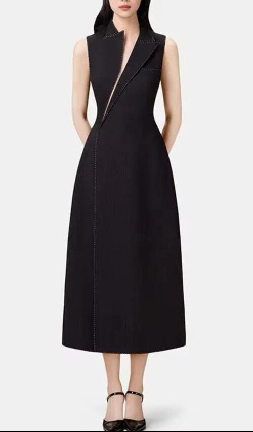 asymmetric collar blazer midi dress in black