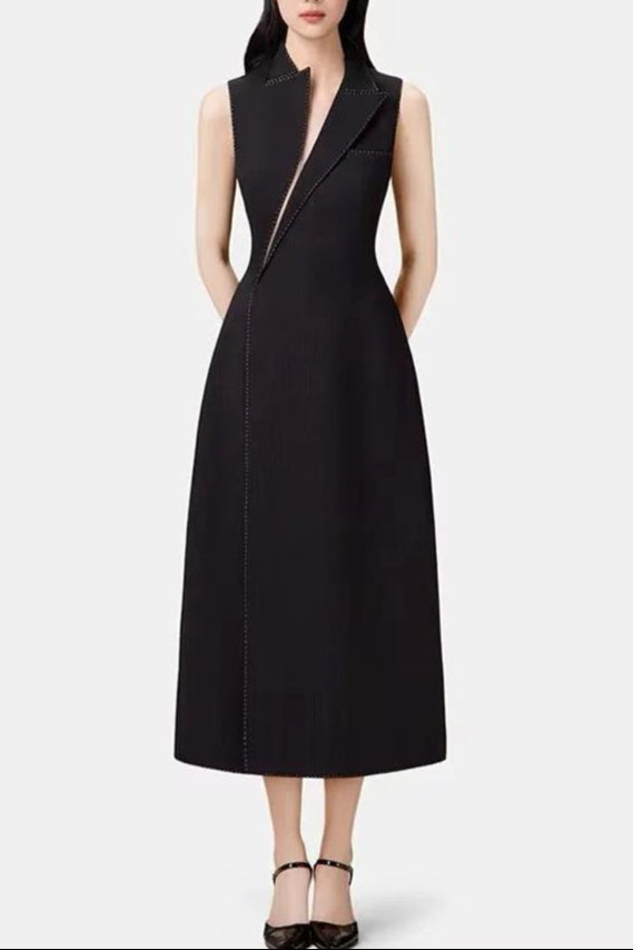 acdea06a-e147-495c-906d-3bab120e4d5b ASYMMETRIC COLLAR BLAZER MIDI DRESS BLACK