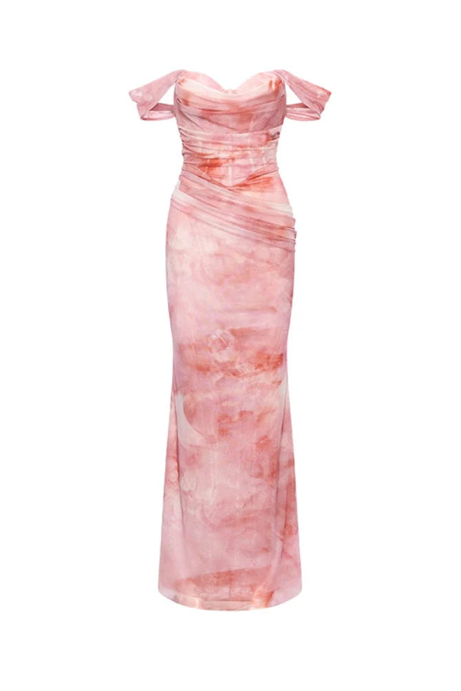 SYLVIA PINK OFF-SHOULDER PLEATED GRADIENT MAXI DRESS