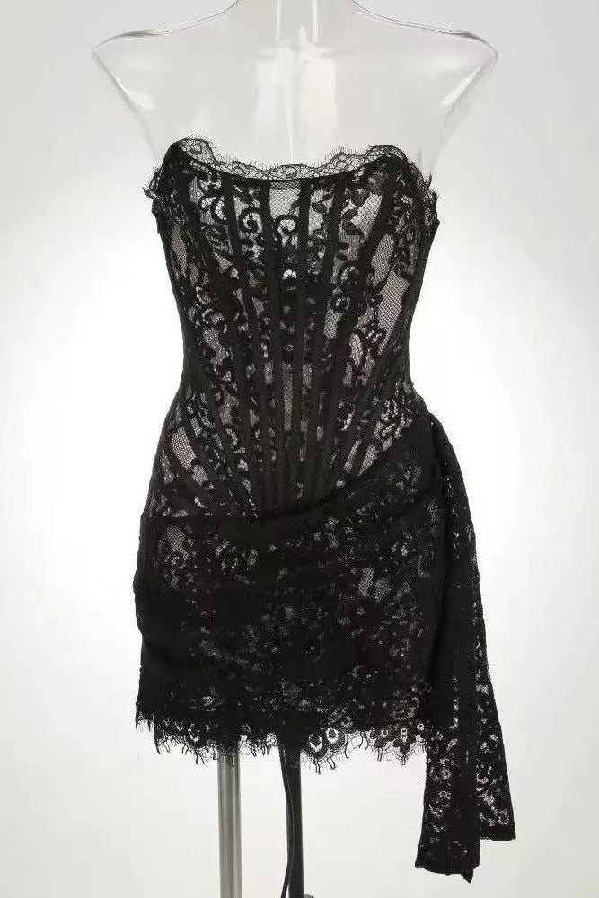 SLEEVELESS LACE MINI DRESS BLACK COCKTAIL PARTY