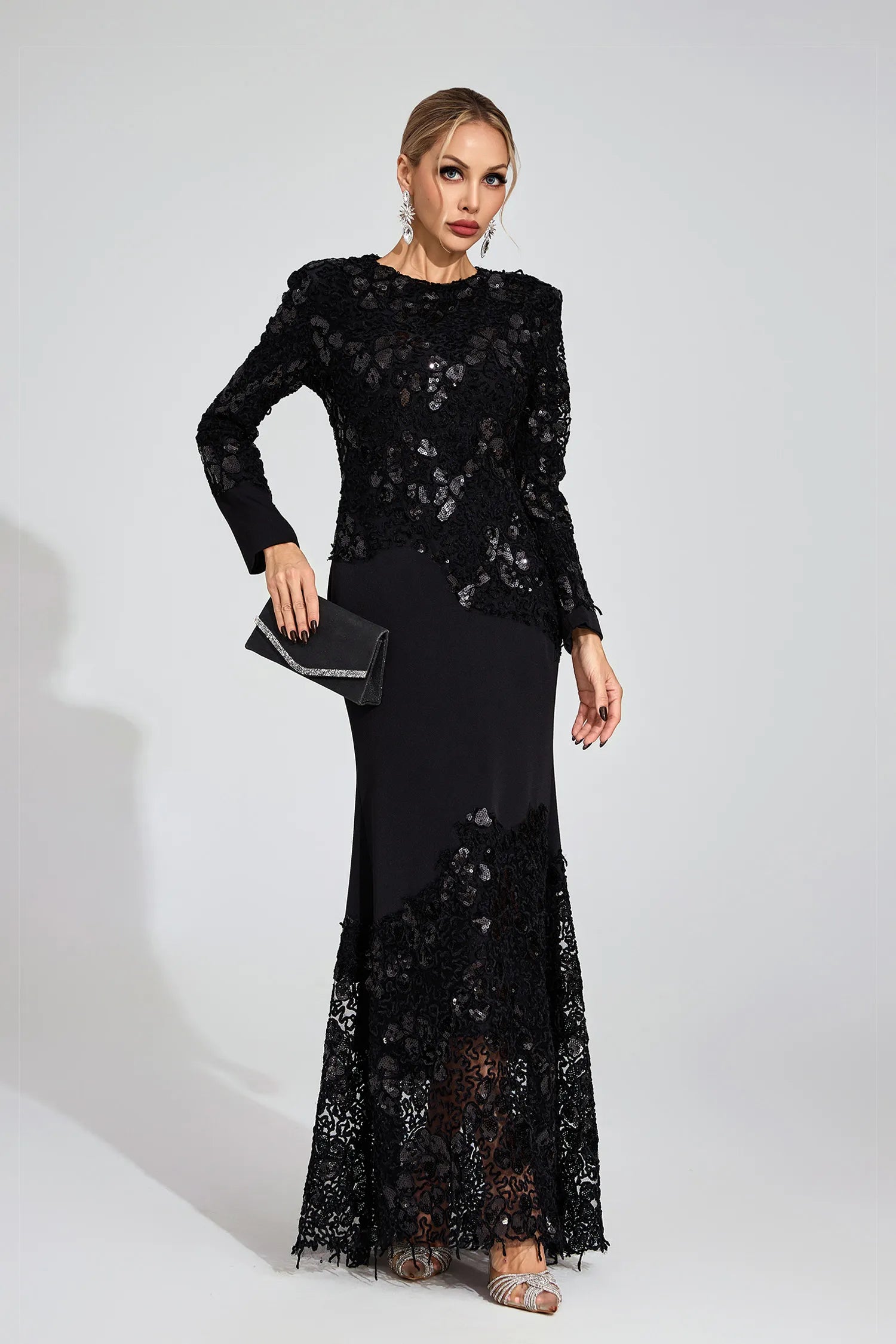 JOANNA BLACK EMBROIDERED MAXI DRESS LONG SLEEVE