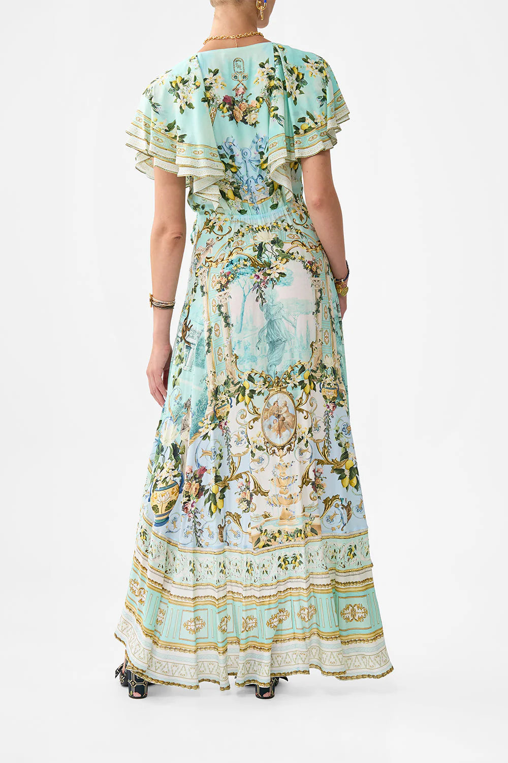 GREEN MULTI PRINTED RUFFLED V-NECK MAXI DRESS