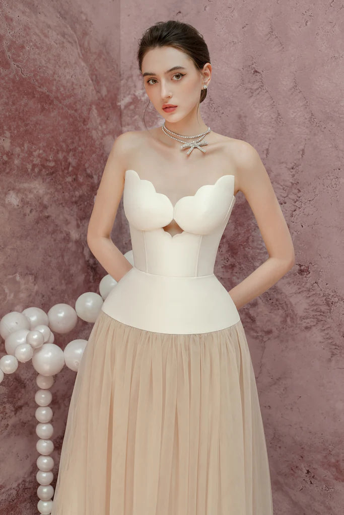 TWO-TONE TUBE TOP TULLE MIDI DRESS