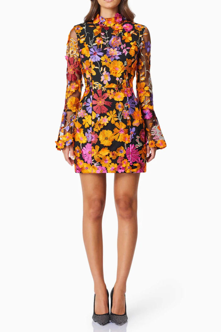 MULTI ORANGE FLORAL EMBROIDERED LONG SLEEVE MINI DRESS