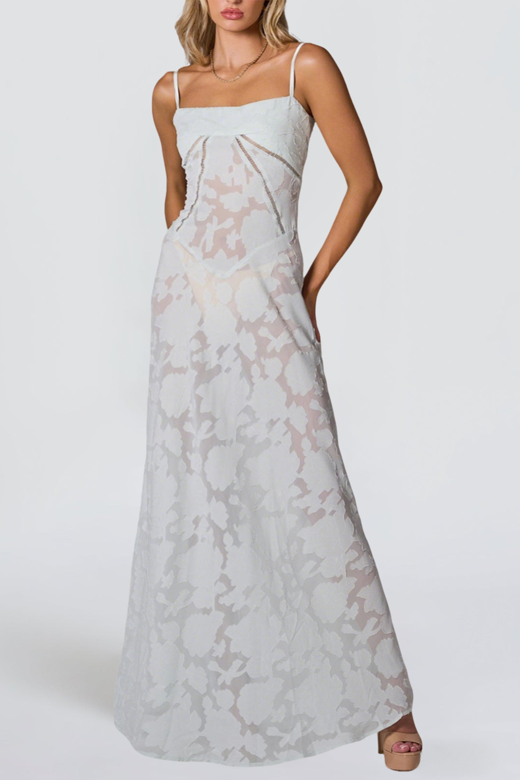 WHITE FLORAL LACE BACK MAXI DRESS
