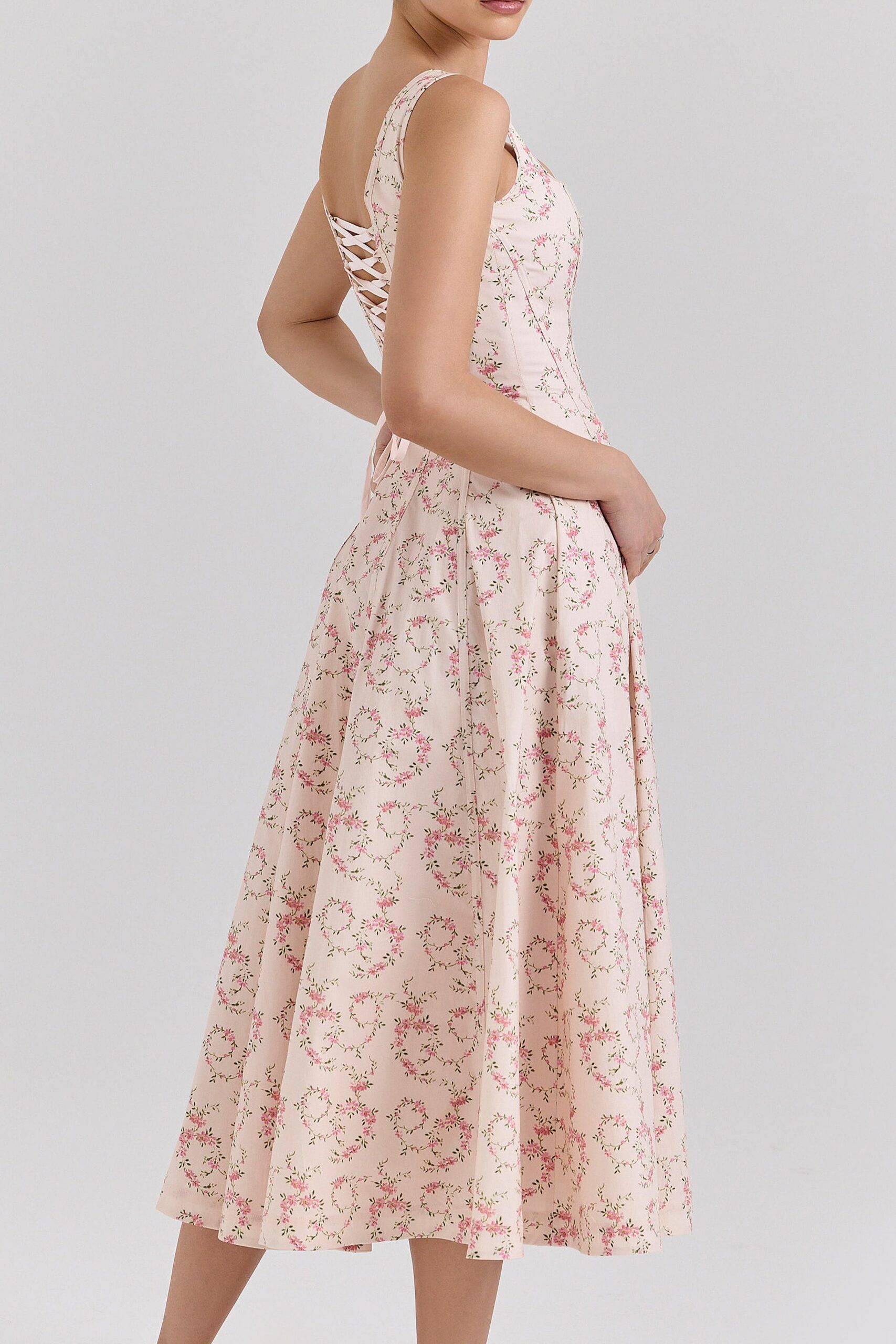 GEMMA FLORAL LACE-UP MIDI DRESS, CREAM COTTON
